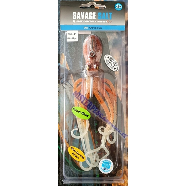 SAVAGE-GEAR-3D-OCTOPUS-BROWN-GLOW Savage Salt 3D Octopus 20Cm 185G pesca a slow pitch, vertical jigging, traina, pesca alla cern