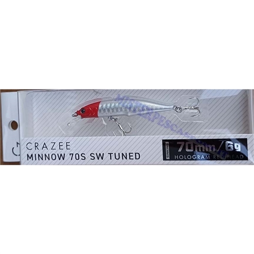 artificiale crazee minnow 70S SW Tuned 6gr, Sinkink color TESTA rossa +  pesca a spinning alla spigola, ricciola, cernia, barrac