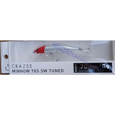 artificiale crazee minnow 70S SW Tuned 6gr, Sinkink color TESTA rossa +  pesca a spinning alla spigola, ricciola, cernia, barrac