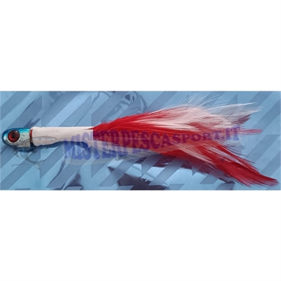 testa piumata Fin jigs colore rosso e bianco. pesca a traina per tonnetti, lampuga
