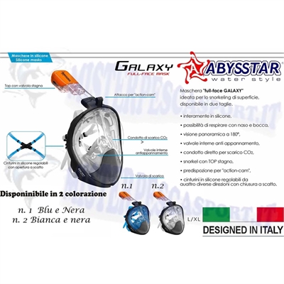 Maschera  In silicone GALAXY Full Face Abysstar  snorkeling apnea colore Blu-nera nuoto 
