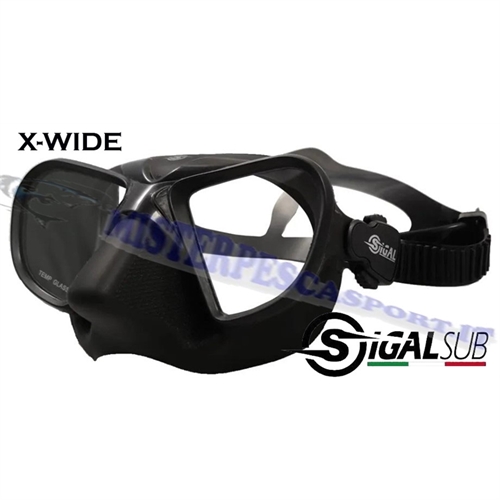 Maschera sigalsub X Wide in silicone nero opaco per la pesca subacquea in apnea.e ara pg