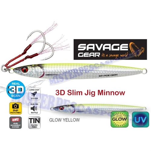 savage-gear-3d-slim-jig-minnow_10 cm 40 gr fast sinking glow yellow colore 78202, pesca light jig, vertical jig, slow pitch