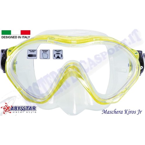 maschera sub in silicone Kiros Jr Abysstar immersioni sub, maschera panoramica, pesca sub, escursioni subacquea,  yellow