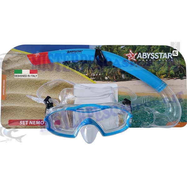 Set Maschera Nemo Jr Abysstar colore azzurra pesca apnea, snorkeling visite subacquea, attività in mare 