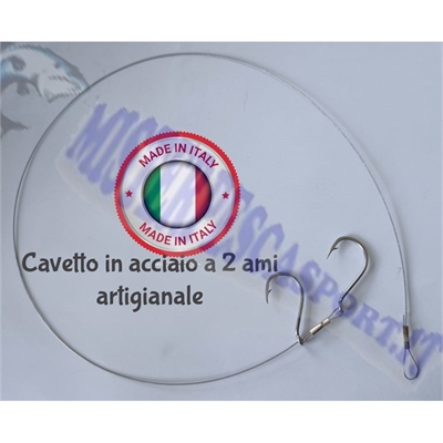 cavetto terminale in acciaio termosaldante a 2 ami montaggio artigianale per la pesca al pesce serra, barracuda o lucci
