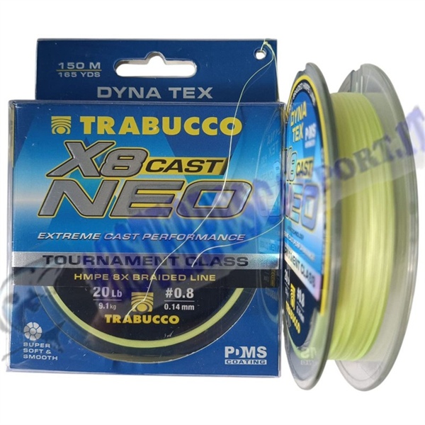 Trecciato Dina Tex X8 cast Neo PE 0.8 diam. 0,14 portata 20lb 9.1kg extreme cast performance super soft per la pesca a spinning,