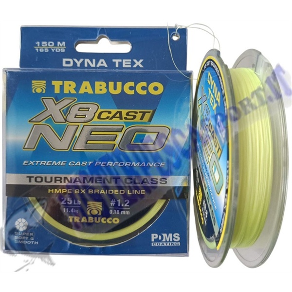 Trecciato Dina Tex X8 cast Neo PE 1.2 diam. 0,18 portata 25lb 11,4kg extreme cast performance super soft per la pesca a spinning