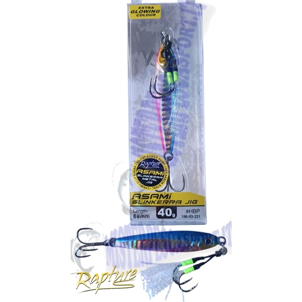 Asami slinkerra metal jig slow fall Rapture 40gr  68mm extra glowing colour HBP pesca a jig alle ricciole, dentici, cernie, sull